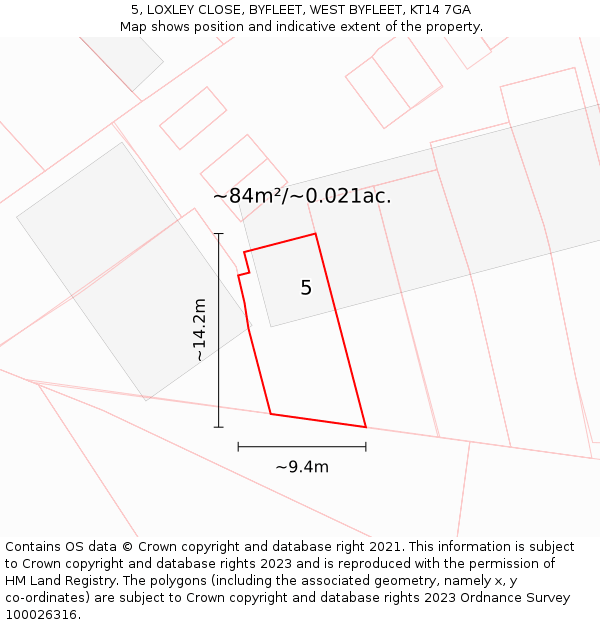 5, LOXLEY CLOSE, BYFLEET, WEST BYFLEET, KT14 7GA: Plot and title map