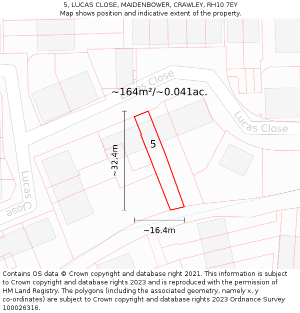 5, LUCAS CLOSE, MAIDENBOWER, CRAWLEY, RH10 7EY: Plot and title map