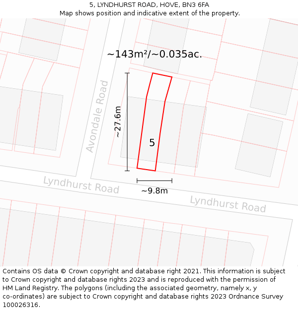 5, LYNDHURST ROAD, HOVE, BN3 6FA: Plot and title map