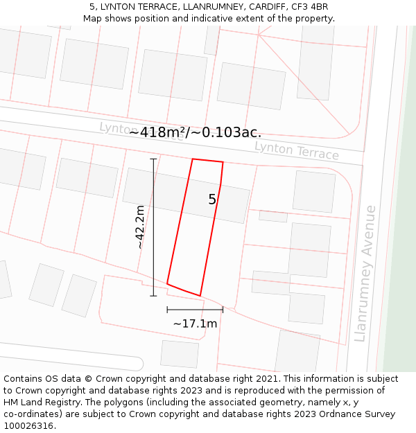 5, LYNTON TERRACE, LLANRUMNEY, CARDIFF, CF3 4BR: Plot and title map