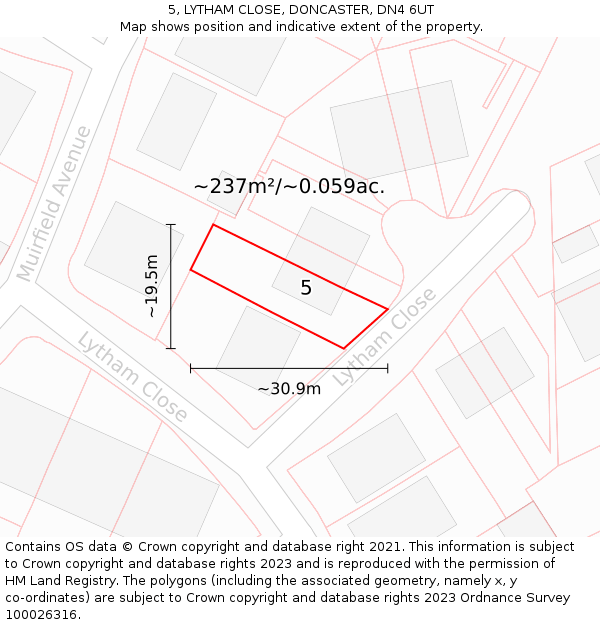 5, LYTHAM CLOSE, DONCASTER, DN4 6UT: Plot and title map