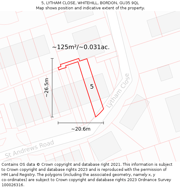 5, LYTHAM CLOSE, WHITEHILL, BORDON, GU35 9QL: Plot and title map