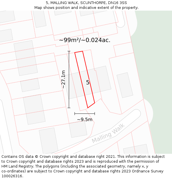 5, MALLING WALK, SCUNTHORPE, DN16 3SS: Plot and title map
