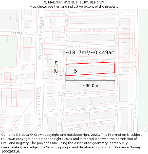 5, MALVERN AVENUE, BURY, BL9 6NW: Plot and title map