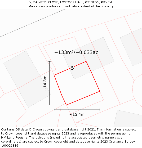 5, MALVERN CLOSE, LOSTOCK HALL, PRESTON, PR5 5YU: Plot and title map