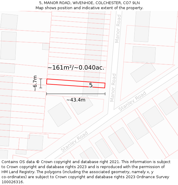 5, MANOR ROAD, WIVENHOE, COLCHESTER, CO7 9LN: Plot and title map