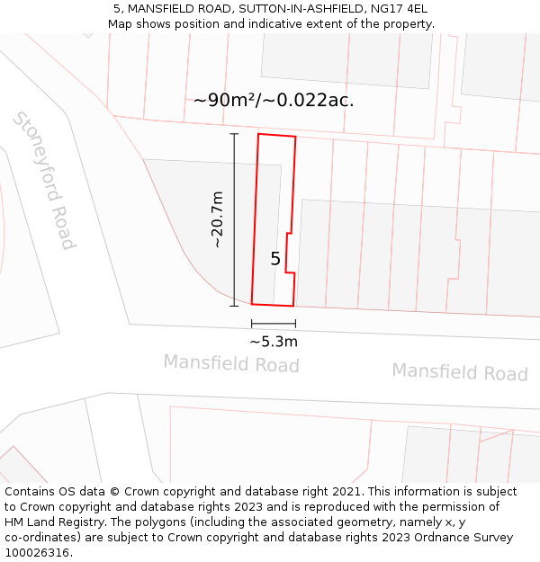 5, MANSFIELD ROAD, SUTTON-IN-ASHFIELD, NG17 4EL: Plot and title map