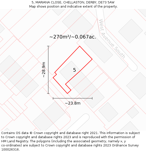 5, MARIANA CLOSE, CHELLASTON, DERBY, DE73 5AW: Plot and title map