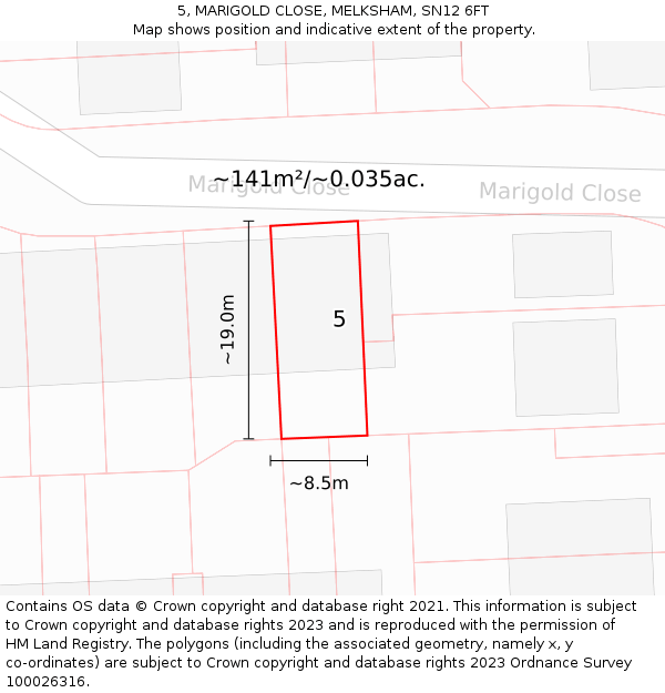 5, MARIGOLD CLOSE, MELKSHAM, SN12 6FT: Plot and title map