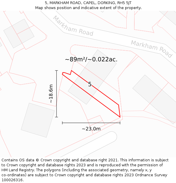 5, MARKHAM ROAD, CAPEL, DORKING, RH5 5JT: Plot and title map