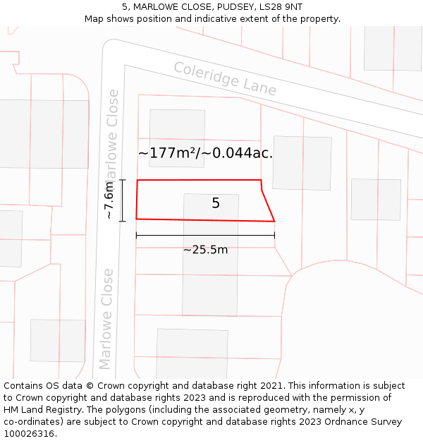 5, MARLOWE CLOSE, PUDSEY, LS28 9NT: Plot and title map