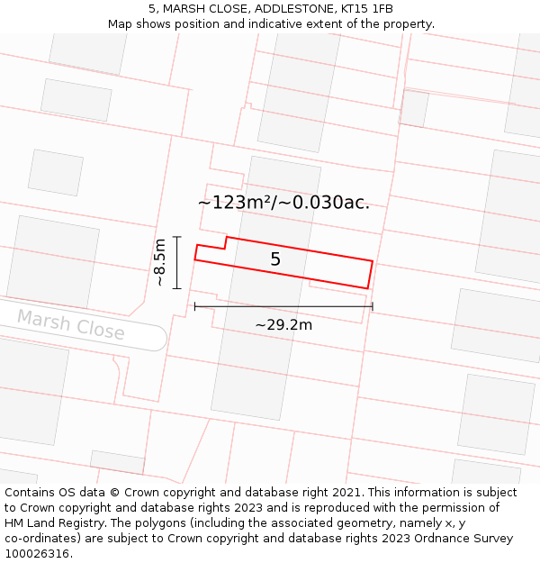 5, MARSH CLOSE, ADDLESTONE, KT15 1FB: Plot and title map