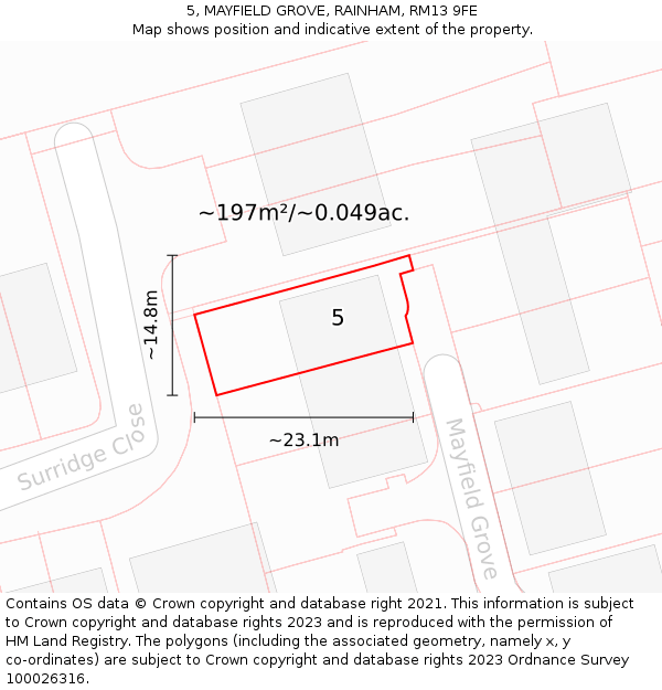 5, MAYFIELD GROVE, RAINHAM, RM13 9FE: Plot and title map