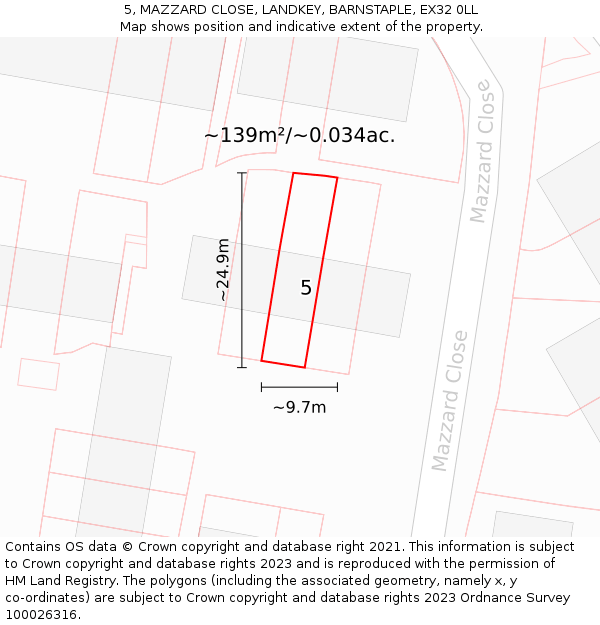 5, MAZZARD CLOSE, LANDKEY, BARNSTAPLE, EX32 0LL: Plot and title map