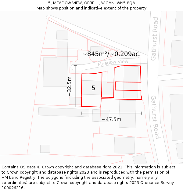 5, MEADOW VIEW, ORRELL, WIGAN, WN5 8QA: Plot and title map