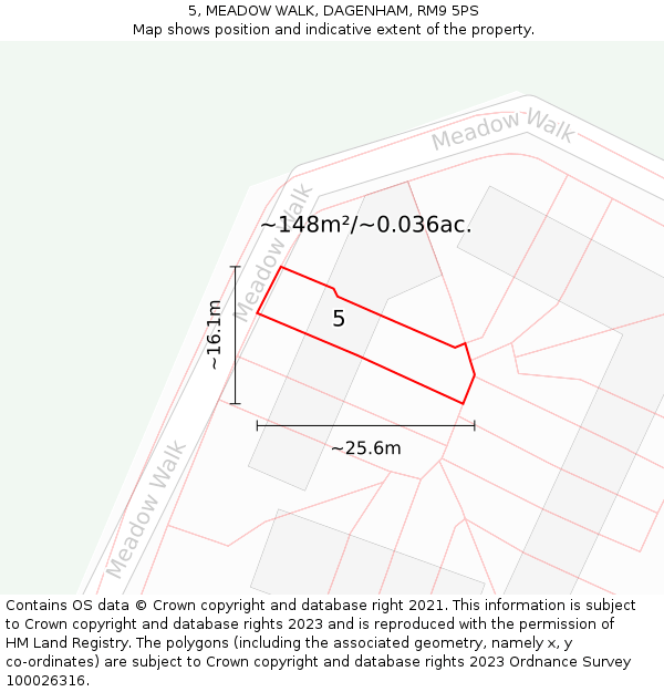 5, MEADOW WALK, DAGENHAM, RM9 5PS: Plot and title map