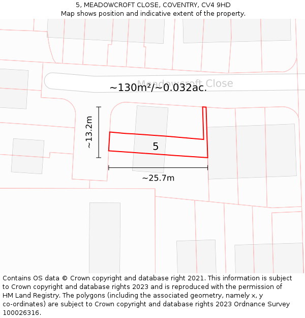 5, MEADOWCROFT CLOSE, COVENTRY, CV4 9HD: Plot and title map