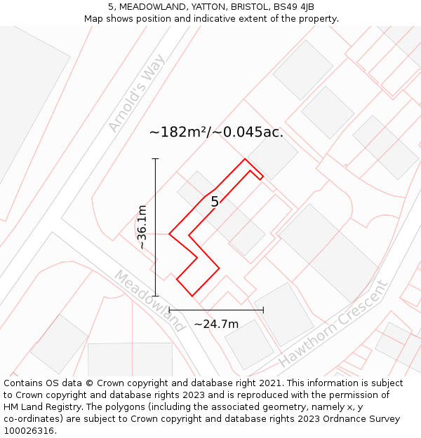 5, MEADOWLAND, YATTON, BRISTOL, BS49 4JB: Plot and title map