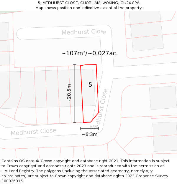 5, MEDHURST CLOSE, CHOBHAM, WOKING, GU24 8PA: Plot and title map