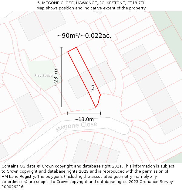 5, MEGONE CLOSE, HAWKINGE, FOLKESTONE, CT18 7FL: Plot and title map