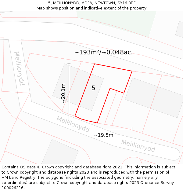 5, MEILLIONYDD, ADFA, NEWTOWN, SY16 3BF: Plot and title map