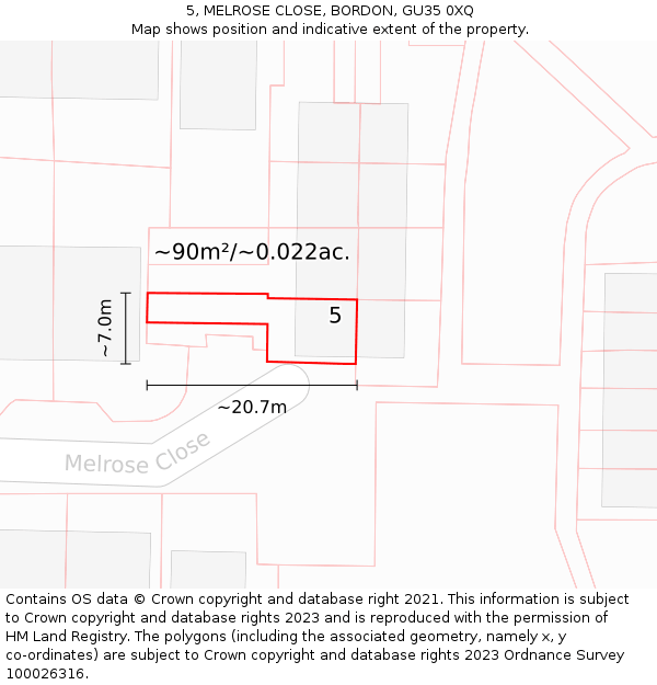 5, MELROSE CLOSE, BORDON, GU35 0XQ: Plot and title map