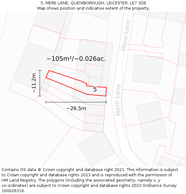 5, MERE LANE, QUENIBOROUGH, LEICESTER, LE7 3DE: Plot and title map