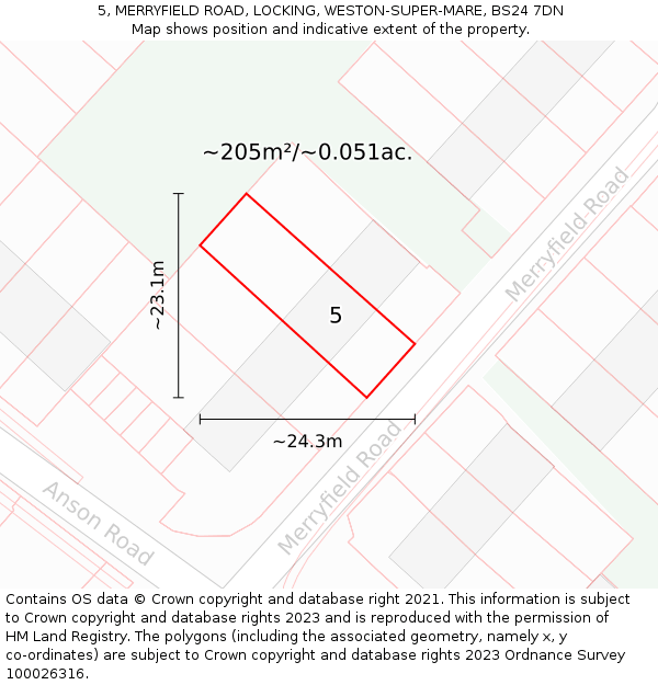 5, MERRYFIELD ROAD, LOCKING, WESTON-SUPER-MARE, BS24 7DN: Plot and title map