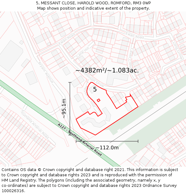 5, MESSANT CLOSE, HAROLD WOOD, ROMFORD, RM3 0WP: Plot and title map
