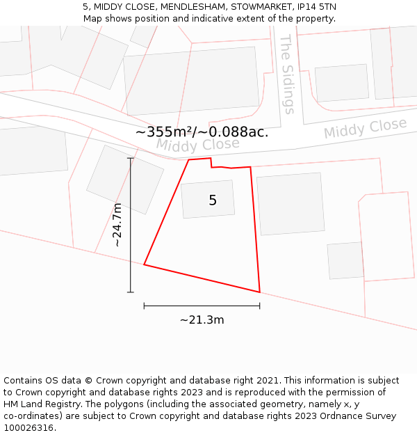 5, MIDDY CLOSE, MENDLESHAM, STOWMARKET, IP14 5TN: Plot and title map