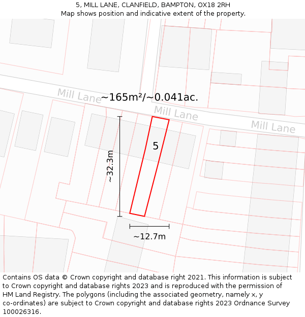 5, MILL LANE, CLANFIELD, BAMPTON, OX18 2RH: Plot and title map