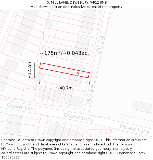 5, MILL LANE, DEWSBURY, WF12 8NB: Plot and title map