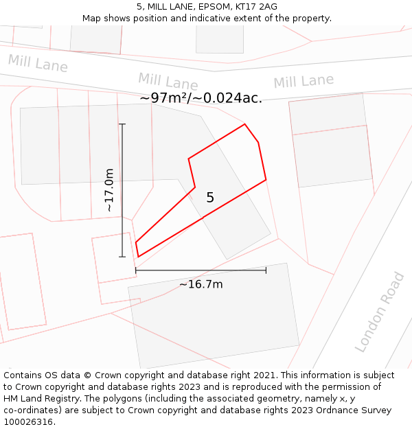 5, MILL LANE, EPSOM, KT17 2AG: Plot and title map