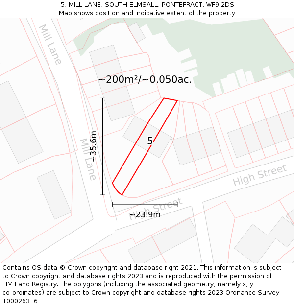 5, MILL LANE, SOUTH ELMSALL, PONTEFRACT, WF9 2DS: Plot and title map