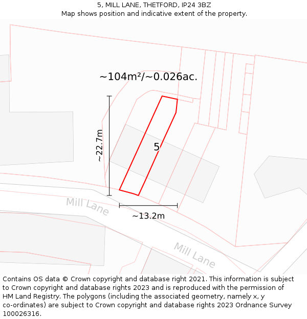 5, MILL LANE, THETFORD, IP24 3BZ: Plot and title map
