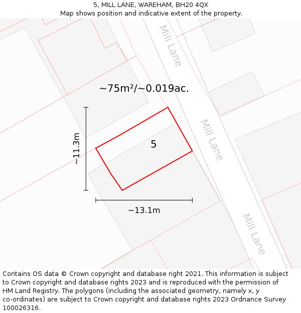 5, MILL LANE, WAREHAM, BH20 4QX: Plot and title map