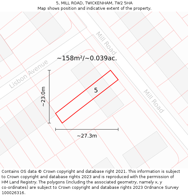 5, MILL ROAD, TWICKENHAM, TW2 5HA: Plot and title map
