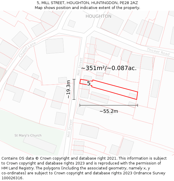 5, MILL STREET, HOUGHTON, HUNTINGDON, PE28 2AZ: Plot and title map