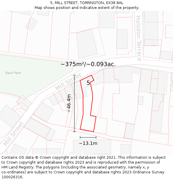 5, MILL STREET, TORRINGTON, EX38 8AL: Plot and title map