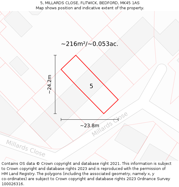 5, MILLARDS CLOSE, FLITWICK, BEDFORD, MK45 1AS: Plot and title map