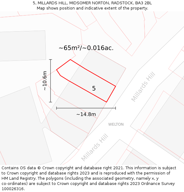 5, MILLARDS HILL, MIDSOMER NORTON, RADSTOCK, BA3 2BL: Plot and title map