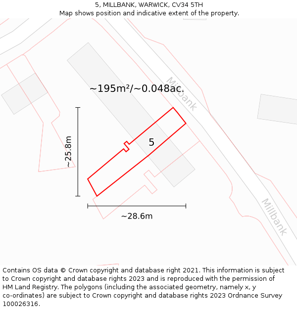 5, MILLBANK, WARWICK, CV34 5TH: Plot and title map