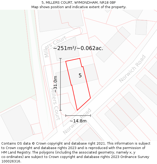 5, MILLERS COURT, WYMONDHAM, NR18 0BF: Plot and title map