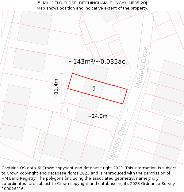 5, MILLFIELD CLOSE, DITCHINGHAM, BUNGAY, NR35 2QJ: Plot and title map
