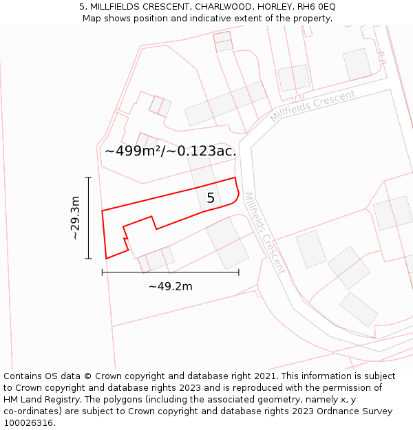 5, MILLFIELDS CRESCENT, CHARLWOOD, HORLEY, RH6 0EQ: Plot and title map