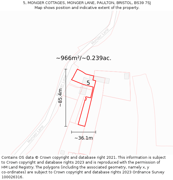 5, MONGER COTTAGES, MONGER LANE, PAULTON, BRISTOL, BS39 7SJ: Plot and title map
