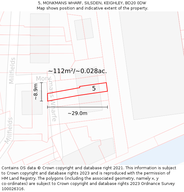 5, MONKMANS WHARF, SILSDEN, KEIGHLEY, BD20 0DW: Plot and title map