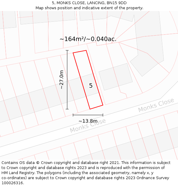 5, MONKS CLOSE, LANCING, BN15 9DD: Plot and title map