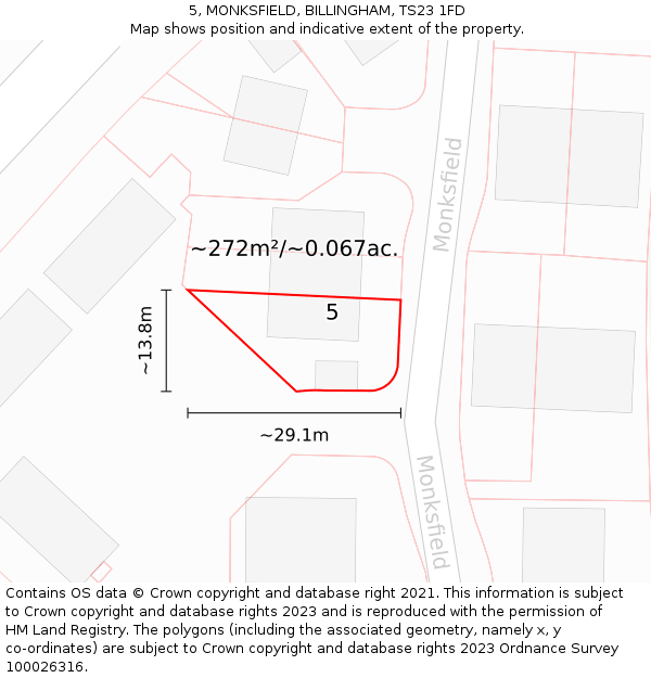 5, MONKSFIELD, BILLINGHAM, TS23 1FD: Plot and title map