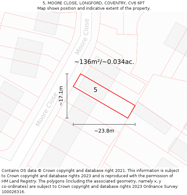 5, MOORE CLOSE, LONGFORD, COVENTRY, CV6 6PT: Plot and title map